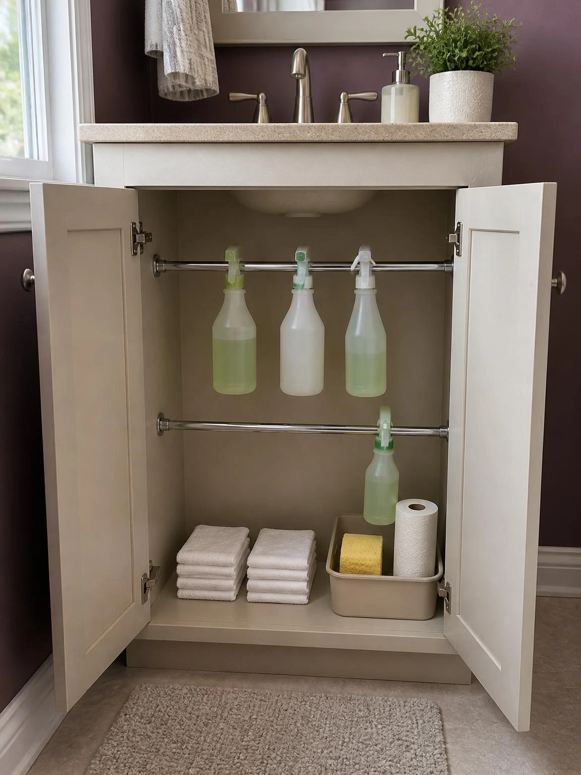 Two chrome tension rods installed inside an open vanity cabinet hold spray bottles by their handles, maximizing under-sink storage on a budget