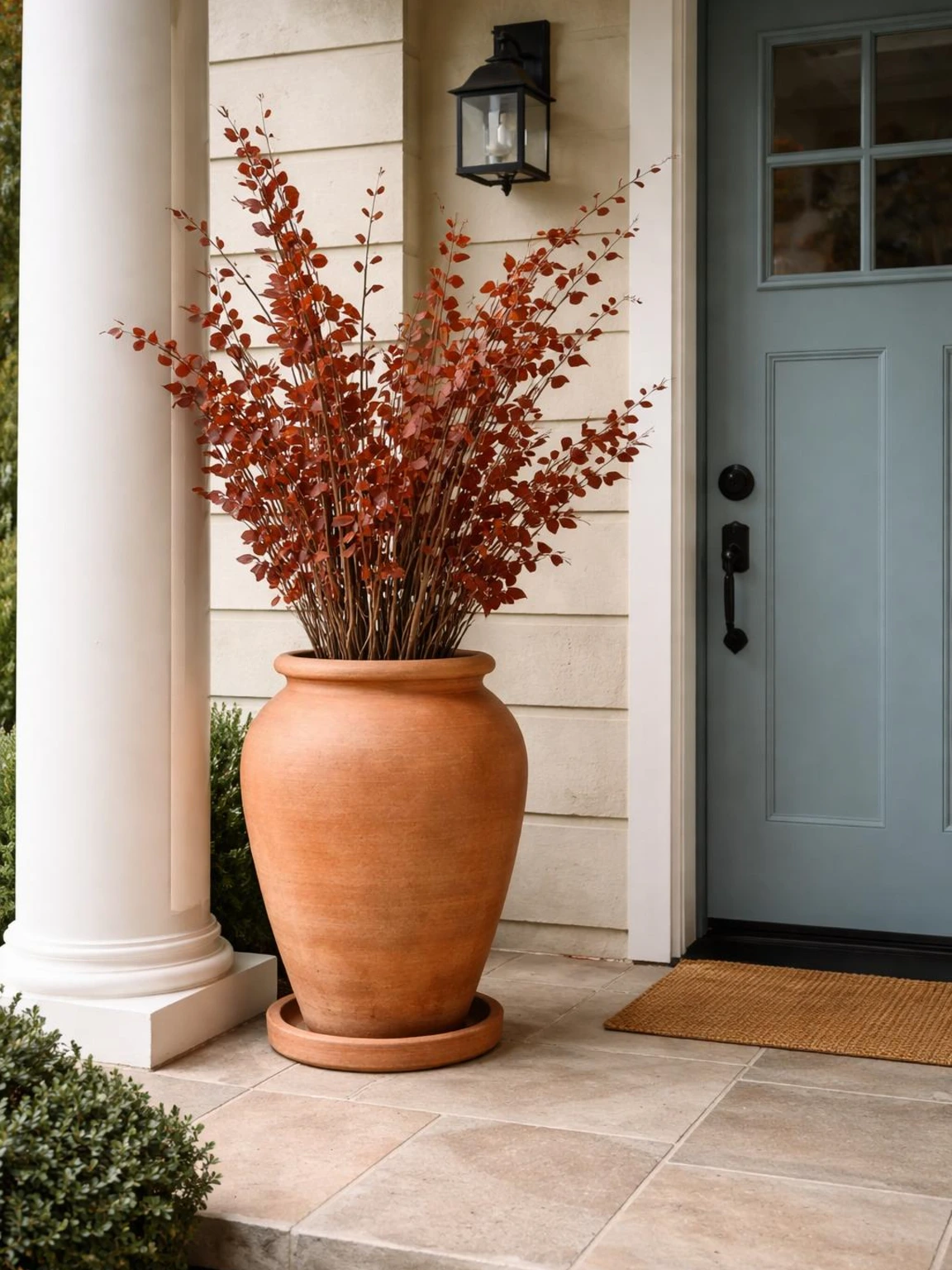 Terracotta fall porch urn filled with rust and burgundy branches beside a pale column and soft-blue door
