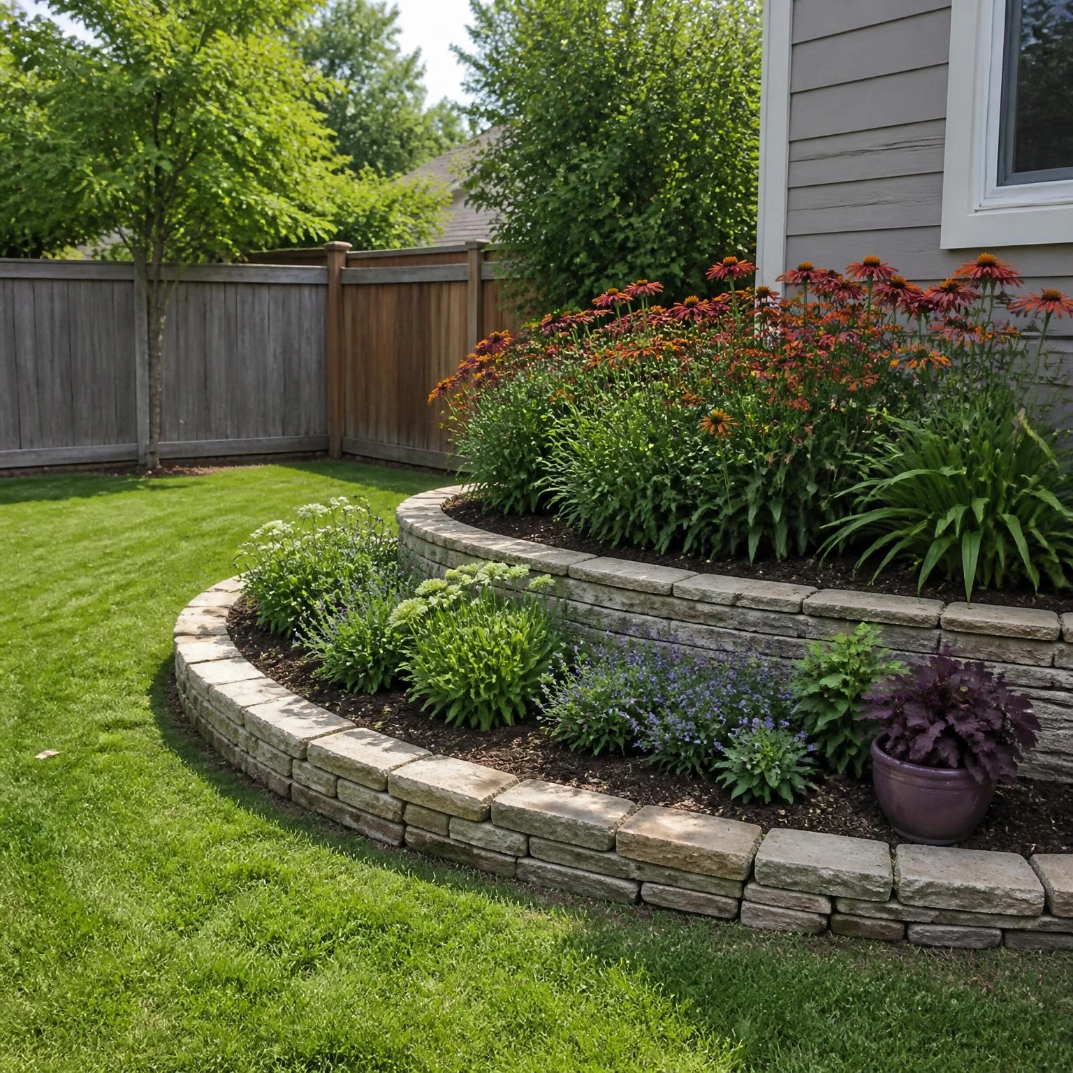 Tiered corner garden with rust blooms and low stone edging shows small backyard flower garden ideas for sloped yards.