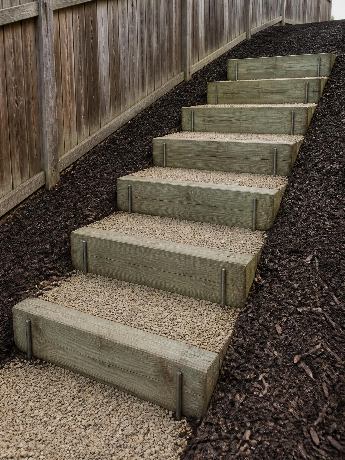 Six-step pressure-treated timber landscape stairs with crushed stone treads descend a steep narrow side yard, secured by galvanized rebar pins