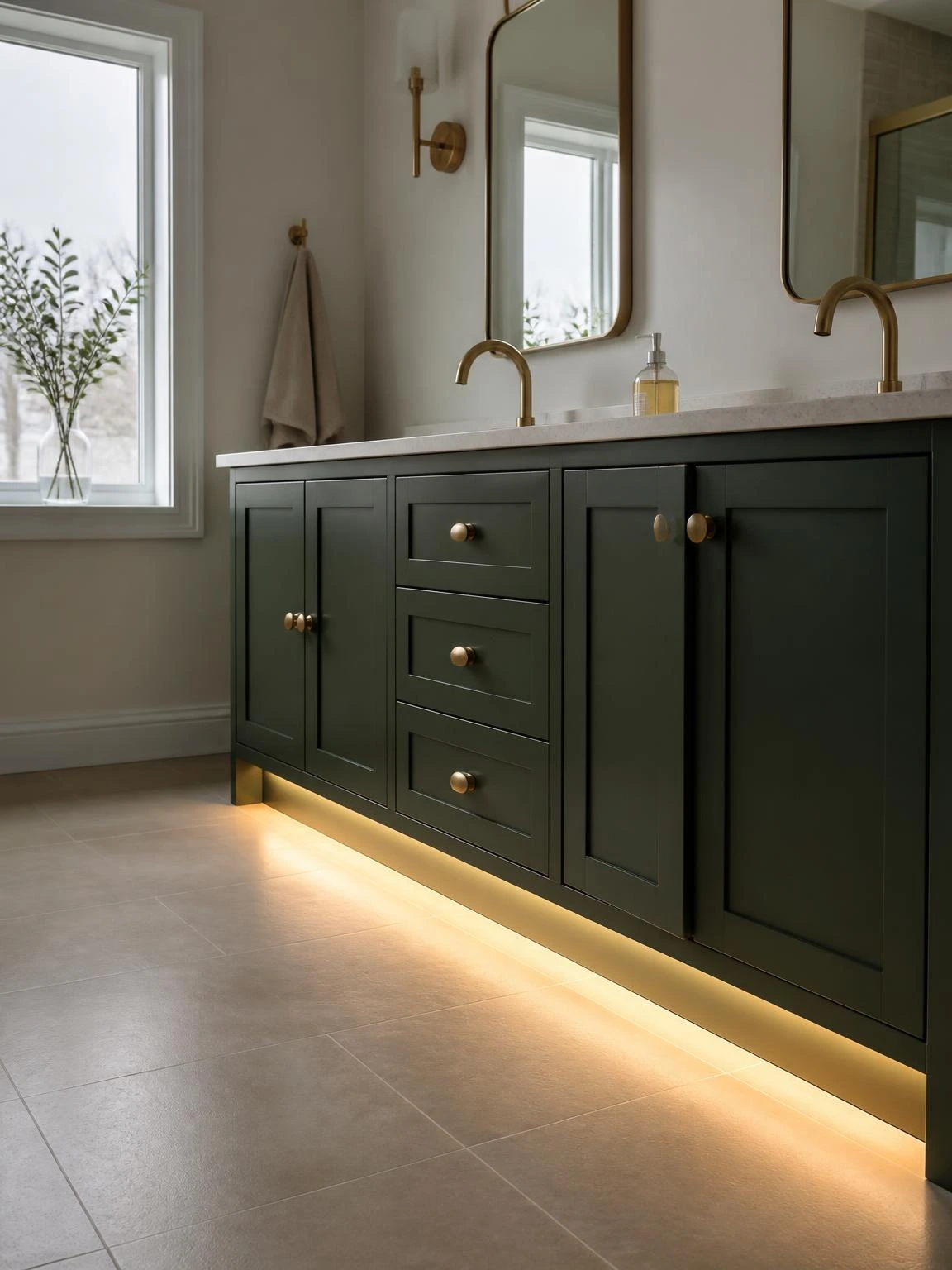 Warm-white LED strip in the toe-kick recess of a forest green double-sink vanity creates a floating effect over large-format porcelain floor tiles