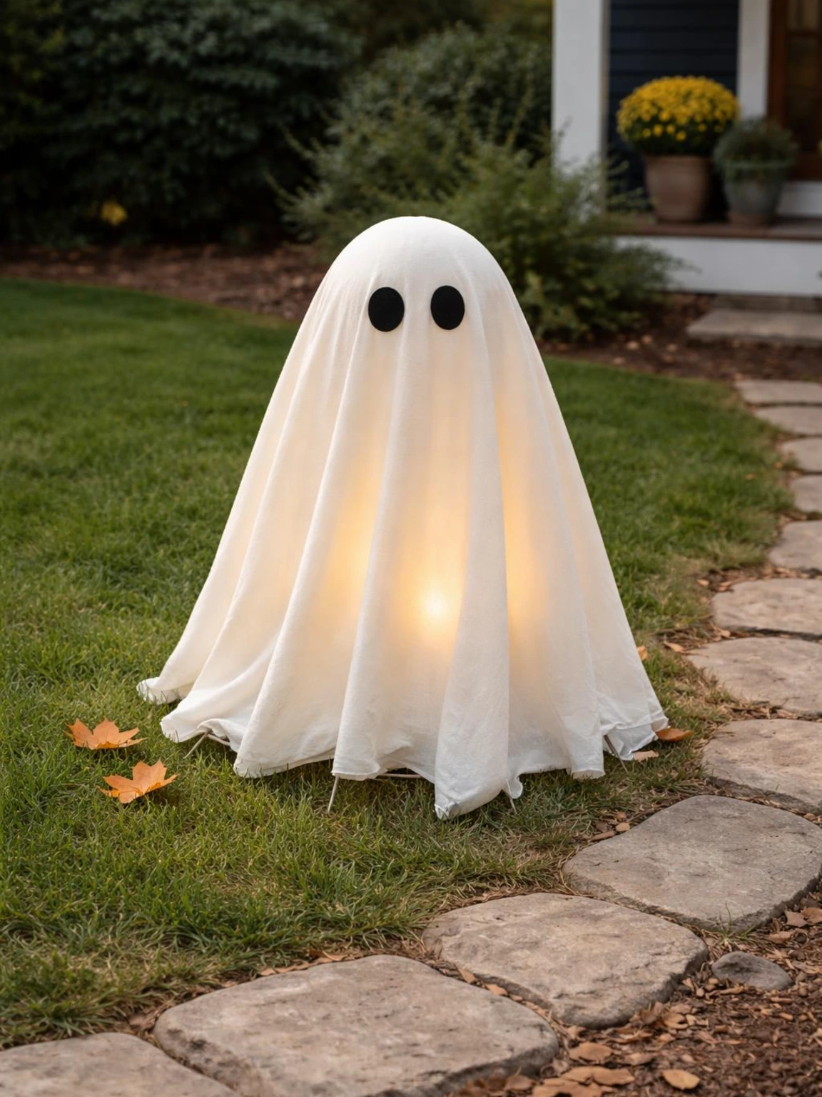 DIY tomato cage ghost with an ivory sheet and cordless LED glows beside a stone path in a tidy lawn.