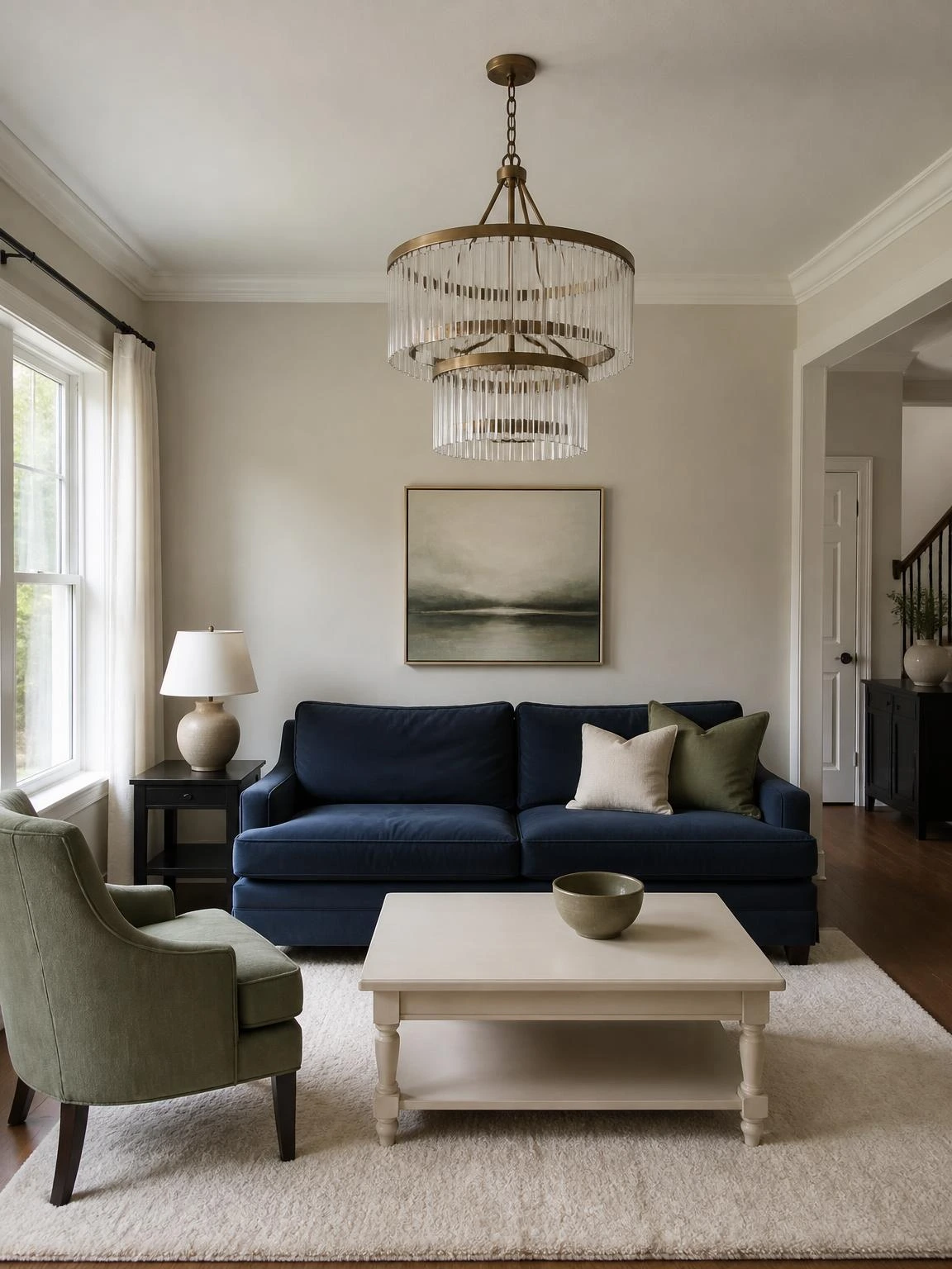 Two-tier living room chandelier in aged brass and clear glass hangs above a navy sofa, showing its scale in a tall contemporary room