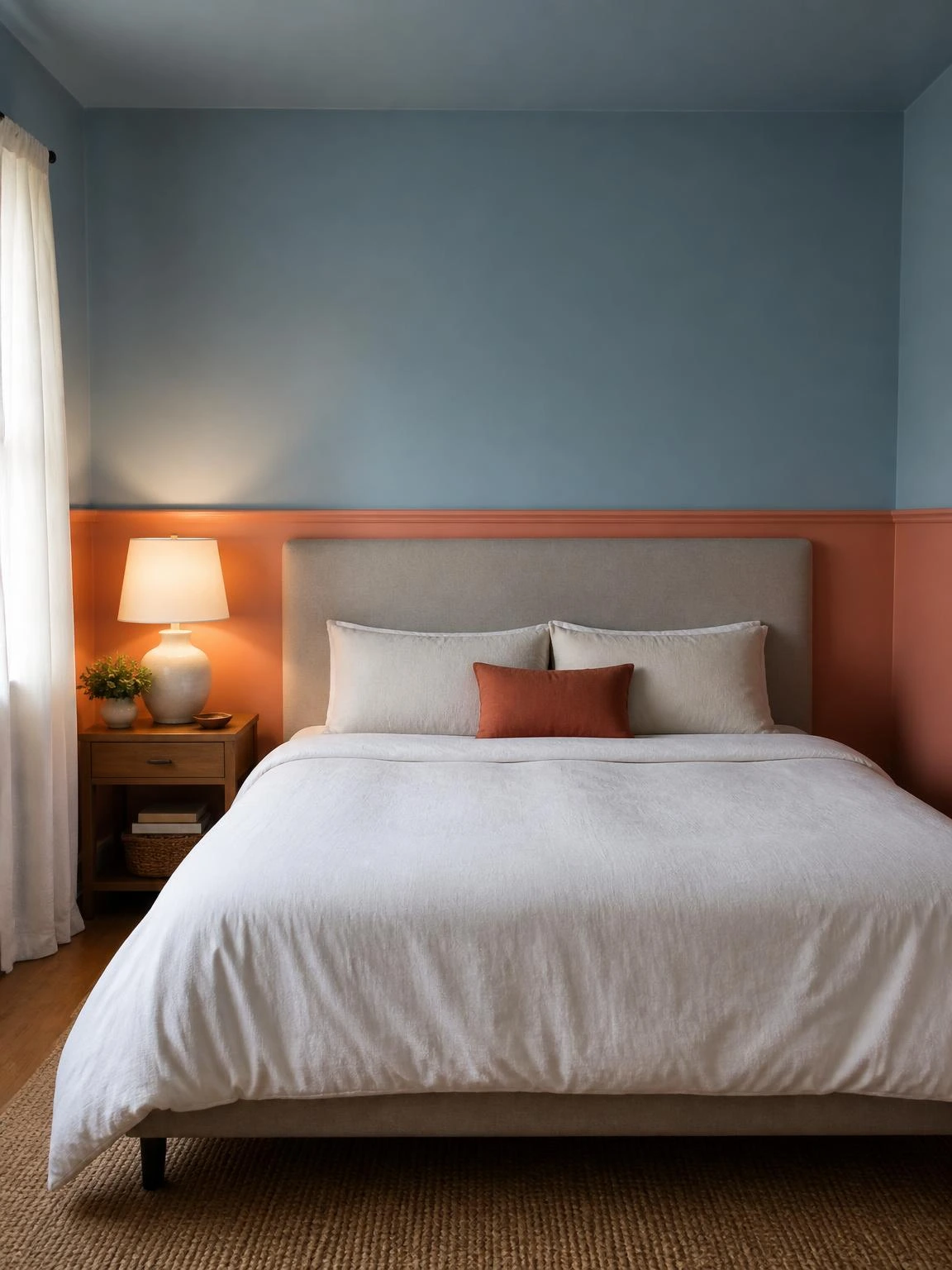 Couple's bedroom wall with horizontal two-tone paint divide: warm coral lower band meeting muted blue-gray above chair rail, anchored by a stone upholstered headboard