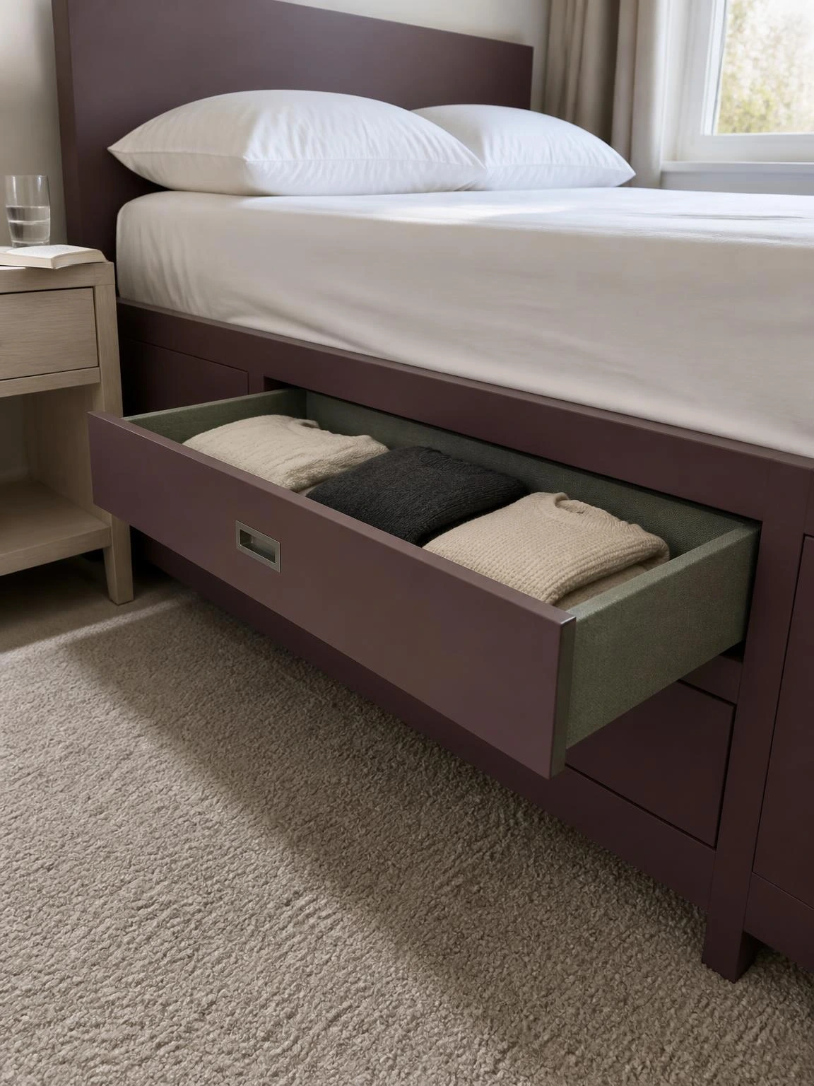Queen platform bed with built-in under-bed drawers open to reveal folded sweaters, showing couple's bedroom storage solution in compact space
