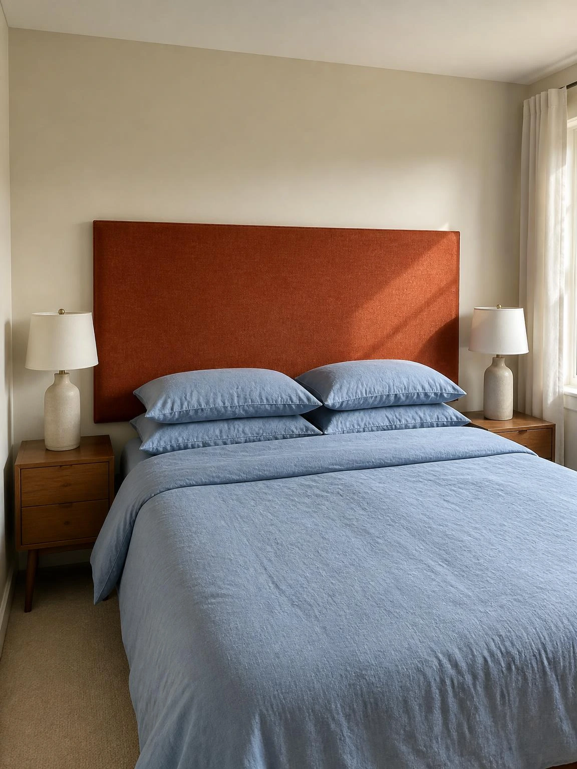 Rust upholstered headboard panel anchored to a warm-white wall above a queen bed with soft blue linen bedding in a compact couple's bedroom
