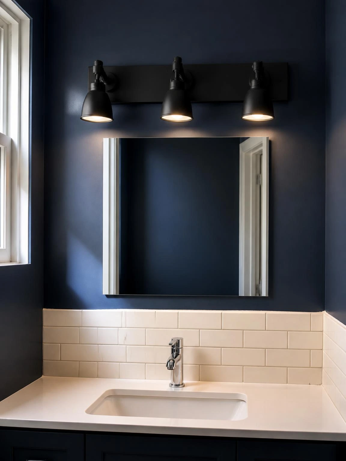 Three-head matte-black vanity light bar mounted on navy wall above frameless mirror, directing warm light downward for functional bathroom lighting upgrade