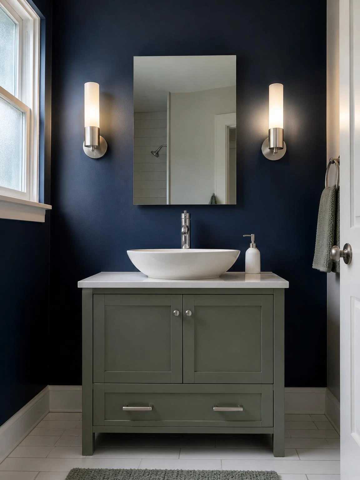 Brushed-nickel cylindrical vanity mirror sconces mounted symmetrically on a navy wall, casting even shadow-free light across an ivory vessel sink countertop
