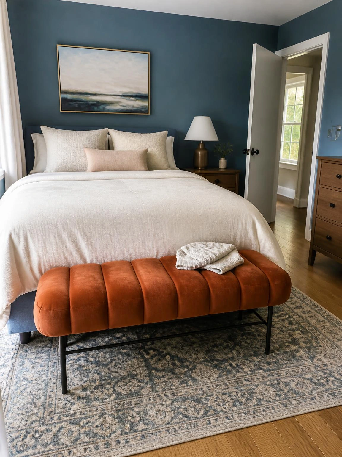 Rust velvet bench at the foot of an ivory-dressed bed anchors this Halloween aesthetic bedroom with warm seasonal color.
