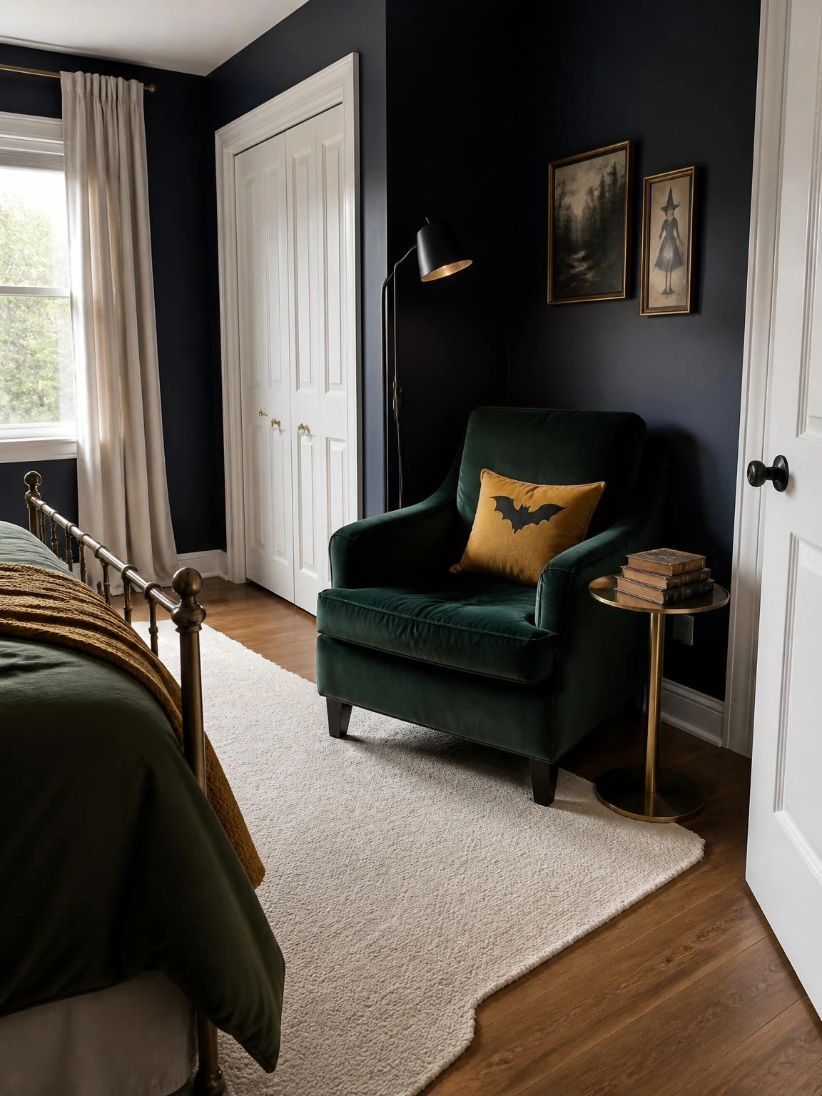 Forest-green velvet chair, brass table, and reading lamp create a practical Halloween aesthetic bedroom reading corner.
