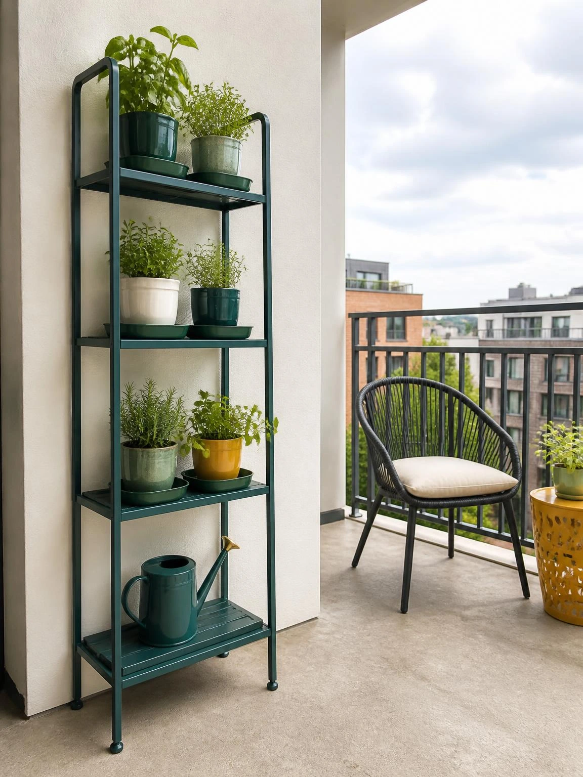 Vertical balcony herb shelf with glazed pots, drainage trays, and teal watering can keeps a compact balcony practical and open