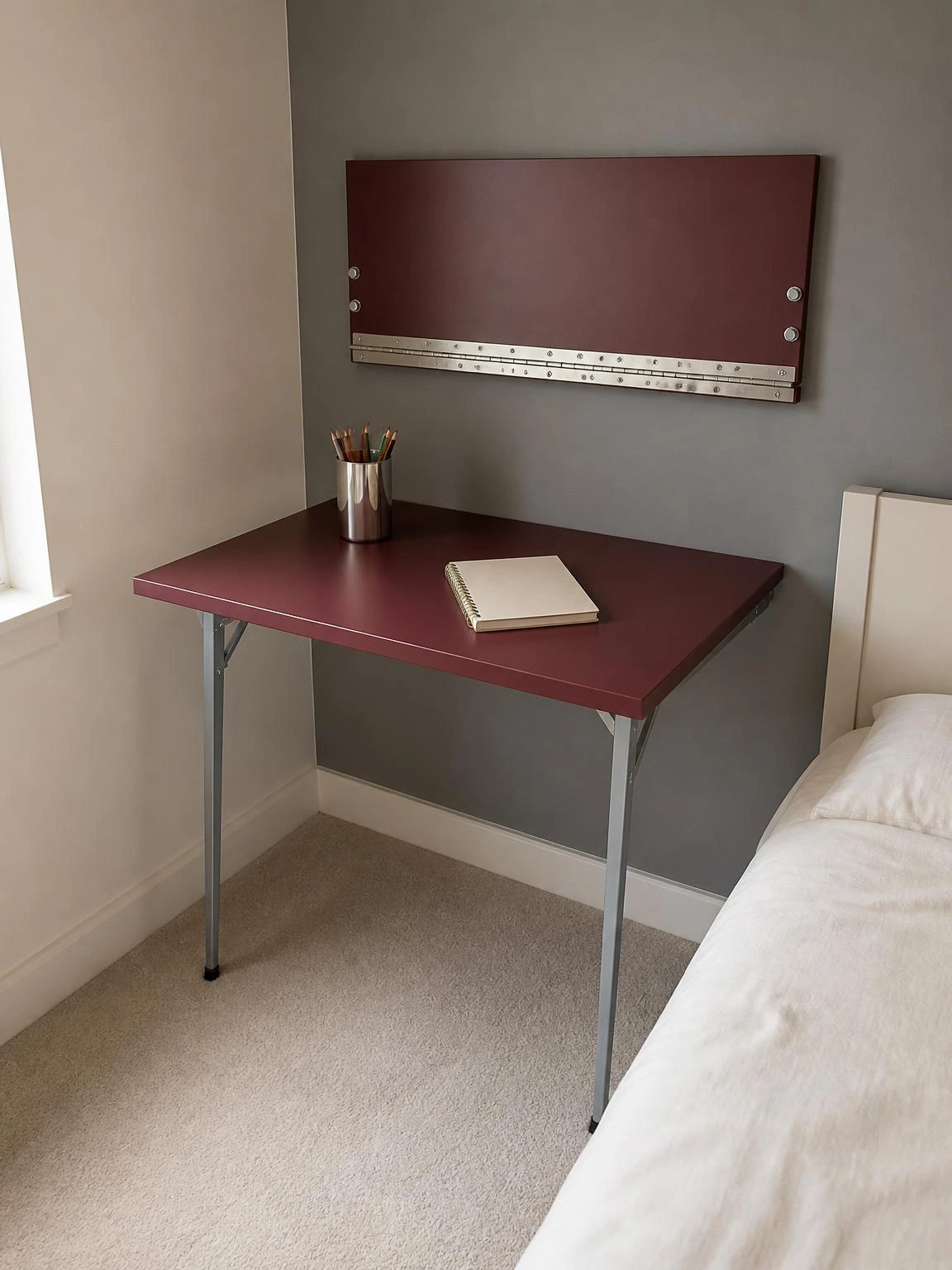 Burgundy fold-down study table mounted on a warm gray wall with piano hinge and metal support legs, maximizing floor space in a small kids' bedroom