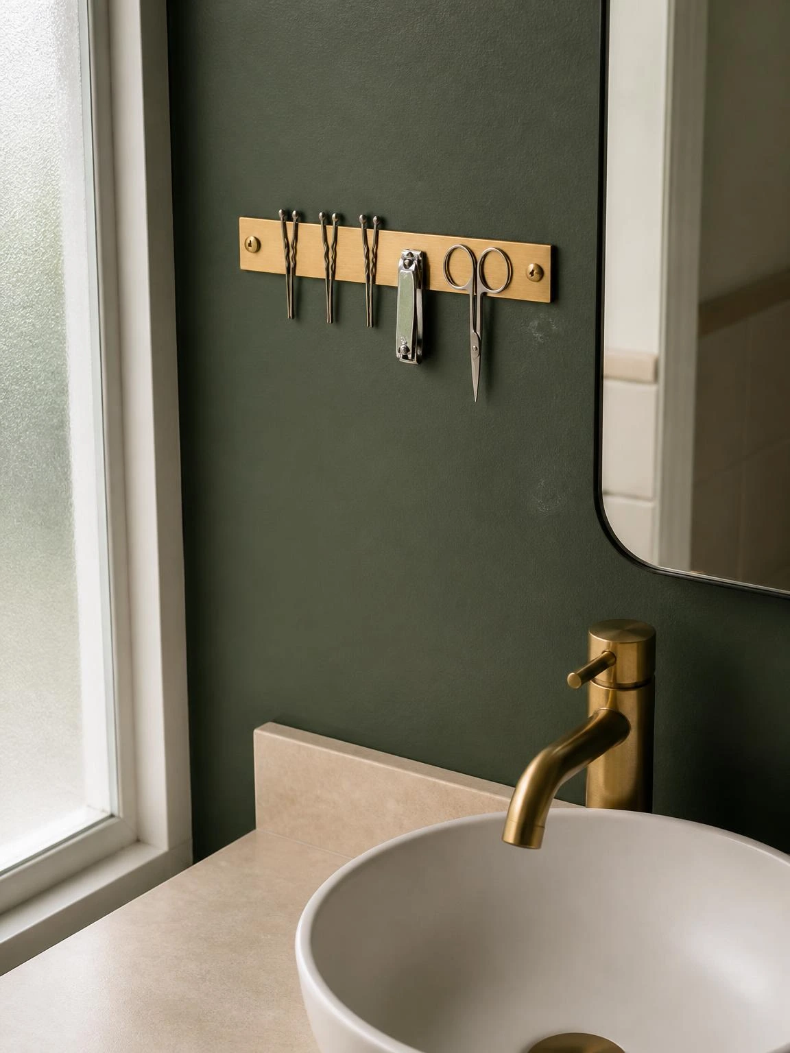 Brushed-brass magnetic strip on forest-green bathroom wall holding bobby pins, nail clippers, and scissors beside a frameless vanity mirror — a budget small bathroom storage fix