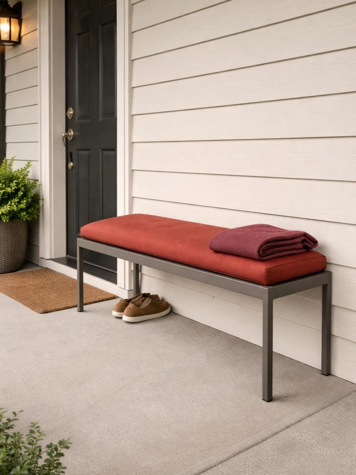 Warm gray porch bench styling pairs a rust cushion and burgundy outdoor throw beside an open entry path for colorful fall porch decor.