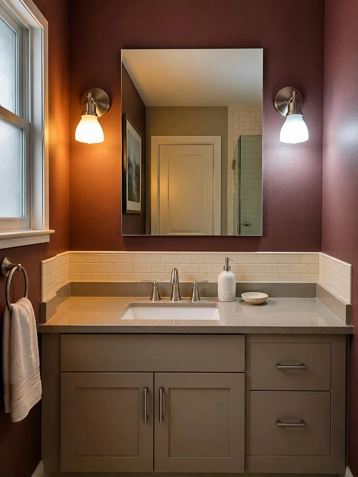 Bathroom vanity with two brushed-nickel sconces showing warm 2700K amber light versus cool 5000K white light on burgundy walls