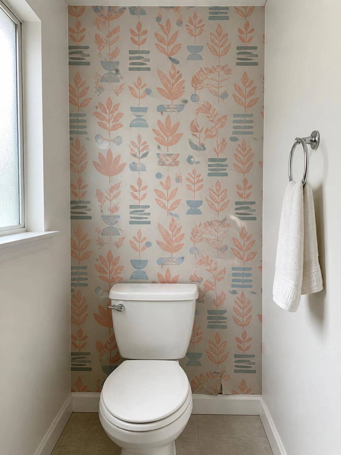Compact rental bathroom with peel-and-stick removable wallpaper in coral botanicals and muted blue on the wall behind the toilet, a budget-friendly accent wall idea