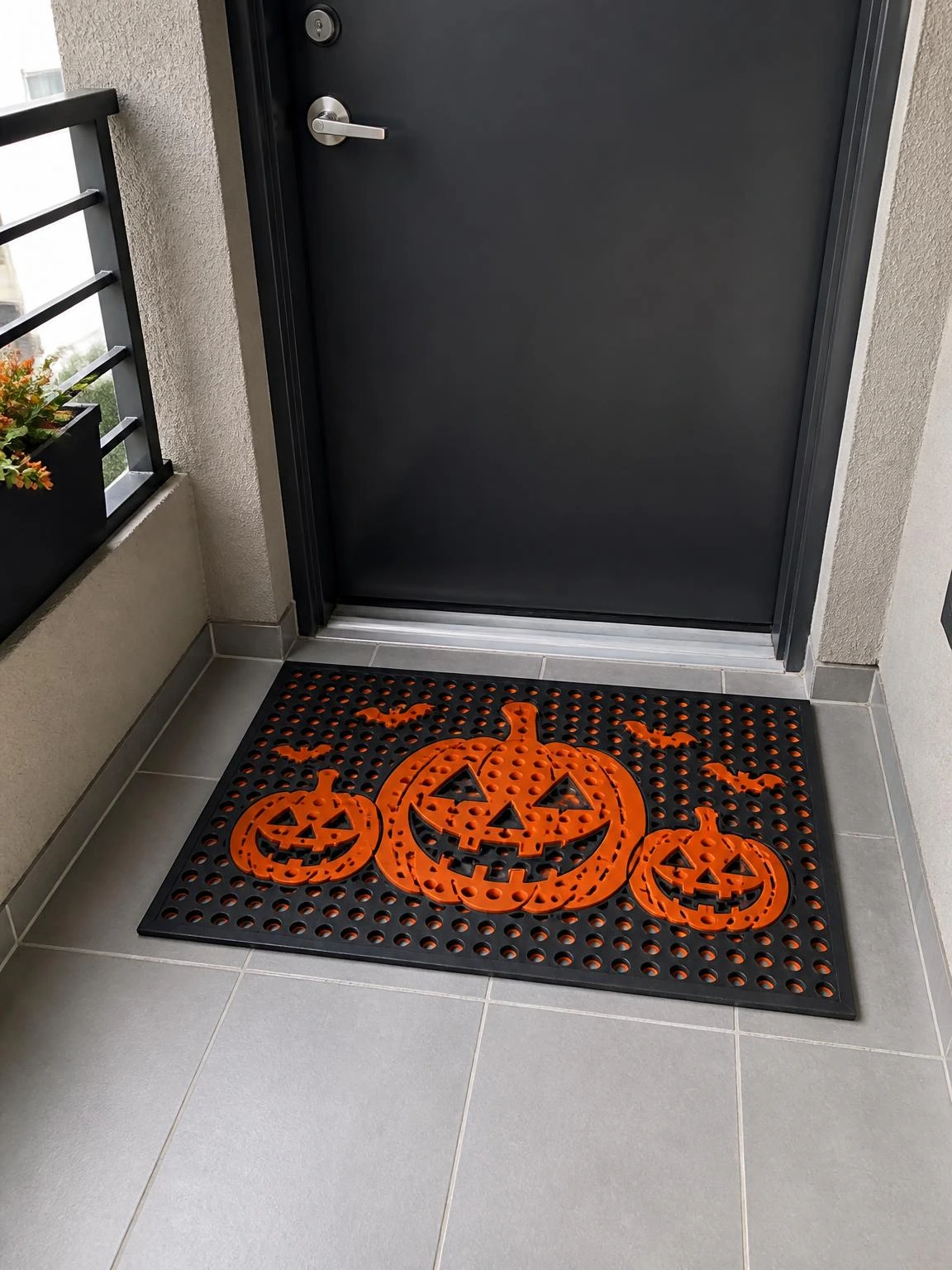 20- Weatherproof Doormat with Bold Halloween Graphic - halloween porch ideas for small spaces