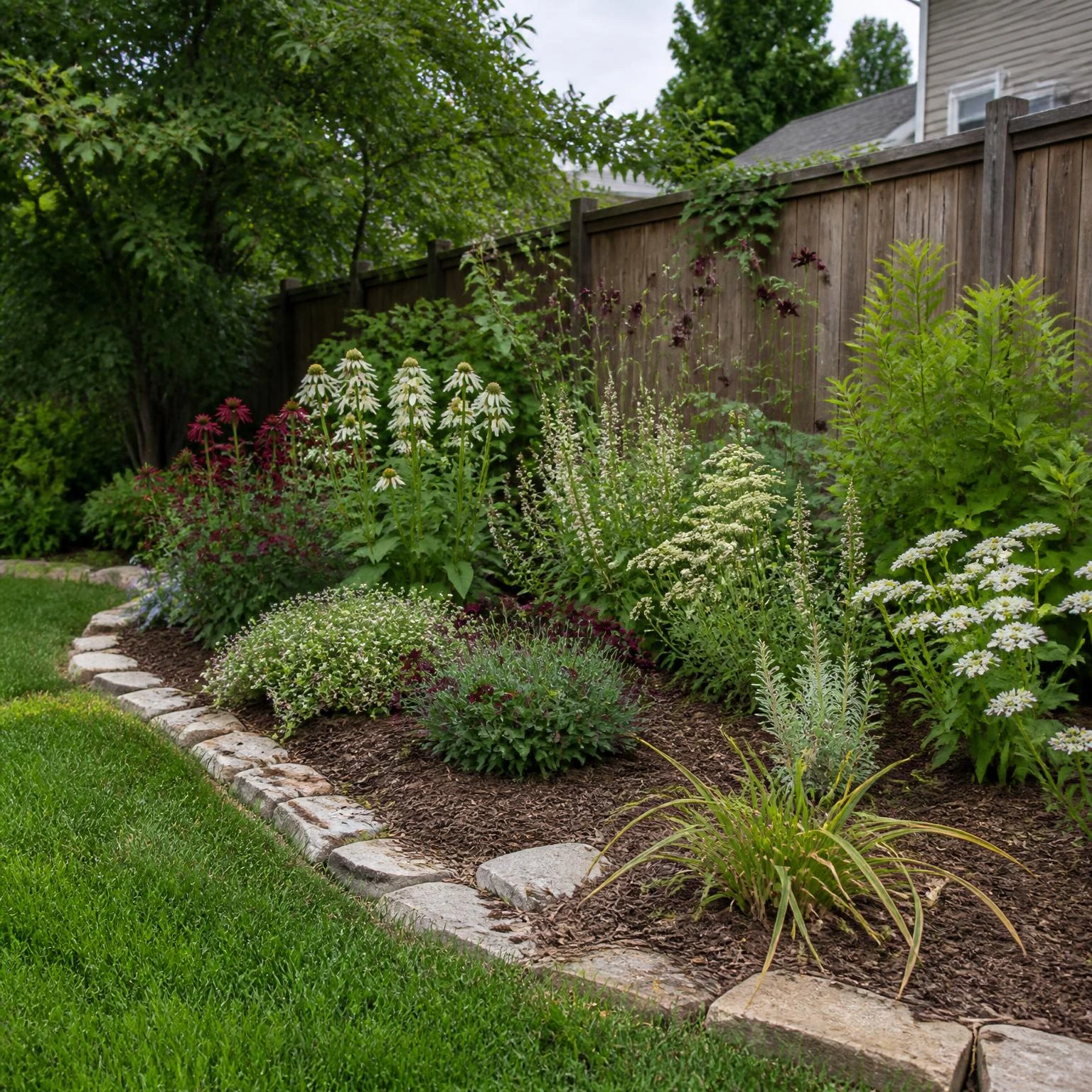 Wildlife-friendly flower patch with burgundy and ivory blooms, open soil, mulch, and stone edging beside a neat lawn in a small backyard.