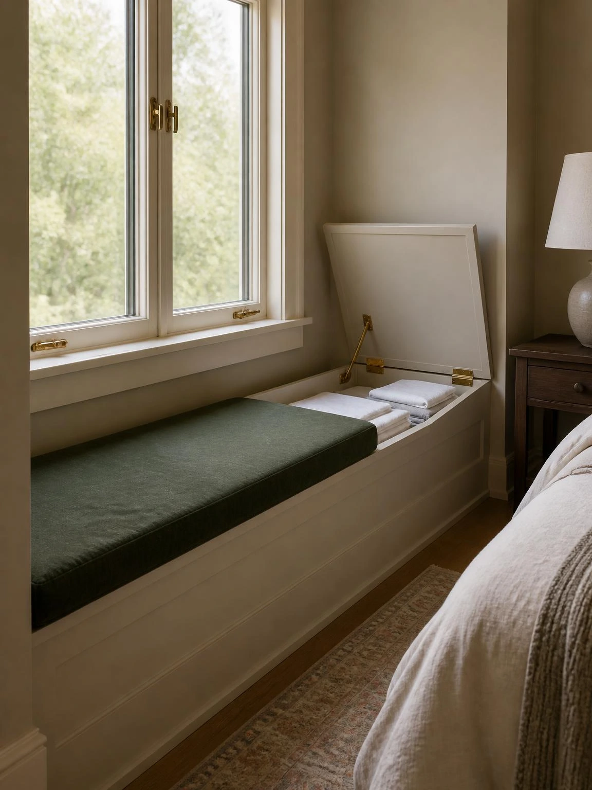 Built-in window seat with hinged lid open revealing folded linens inside, paired with forest green cushion — a smart couple room decor storage idea