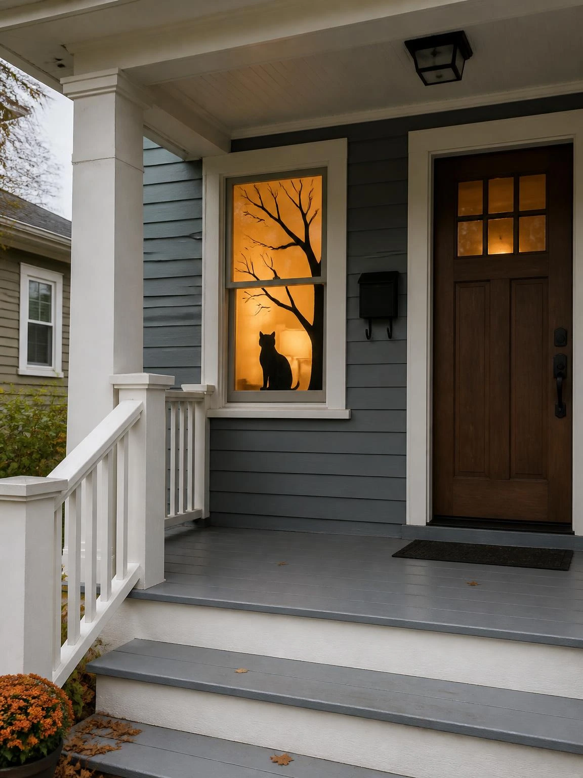 12- Window Silhouette Cutouts Visible from the Porch - halloween porch ideas for small spaces