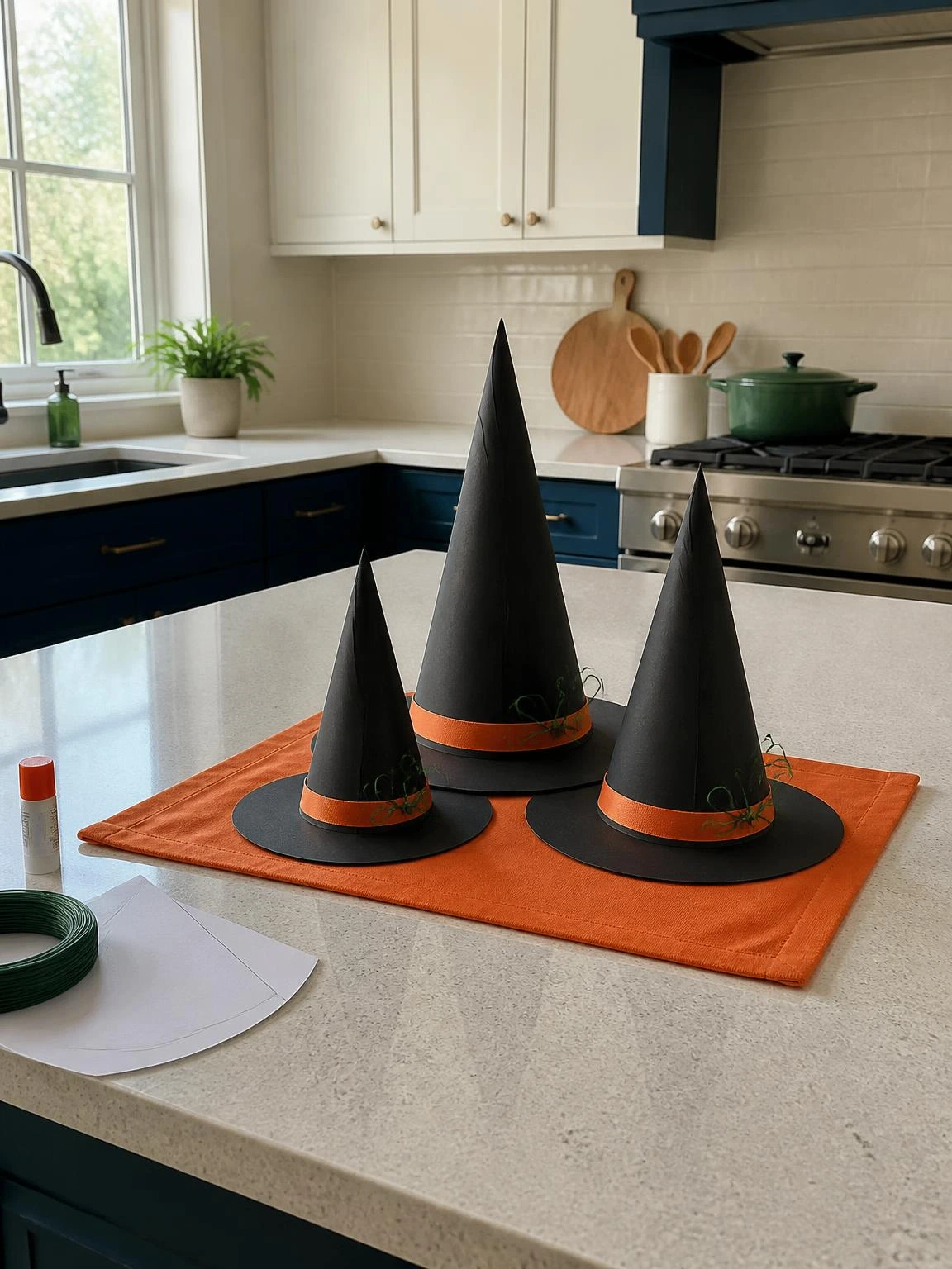 Three handmade black witch hats with orange ribbons decorate a kitchen island, showcasing an attainable Halloween crafts DIY project