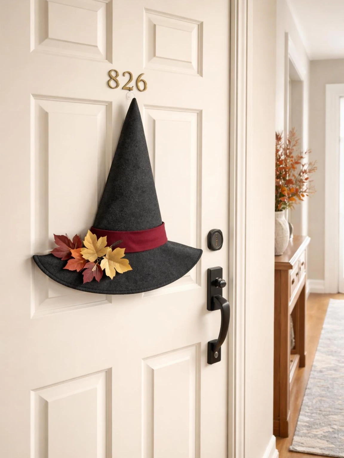 Witch hat door decoration mounted flat on an ivory entry door with burgundy ribbon and paper leaves, keeping hardware accessible