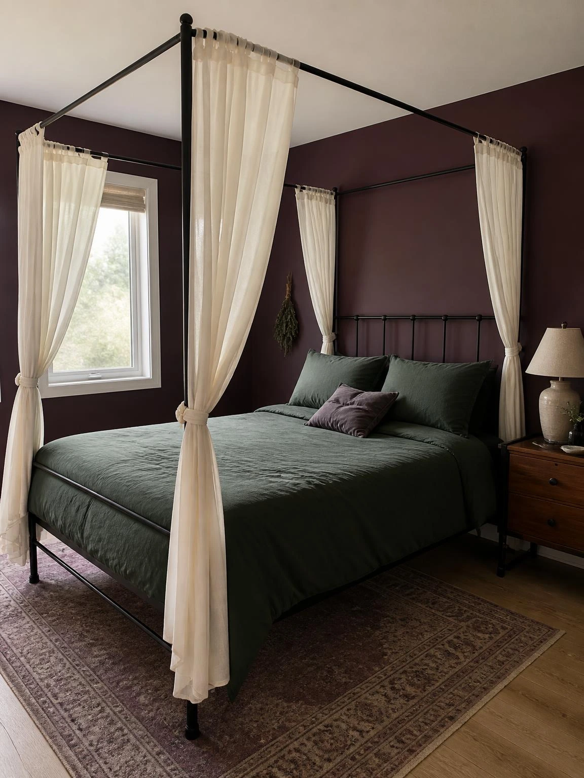 Witchy canopy draping frames a black four-poster bed with ivory voile, forest-green bedding, and a muted plum wall