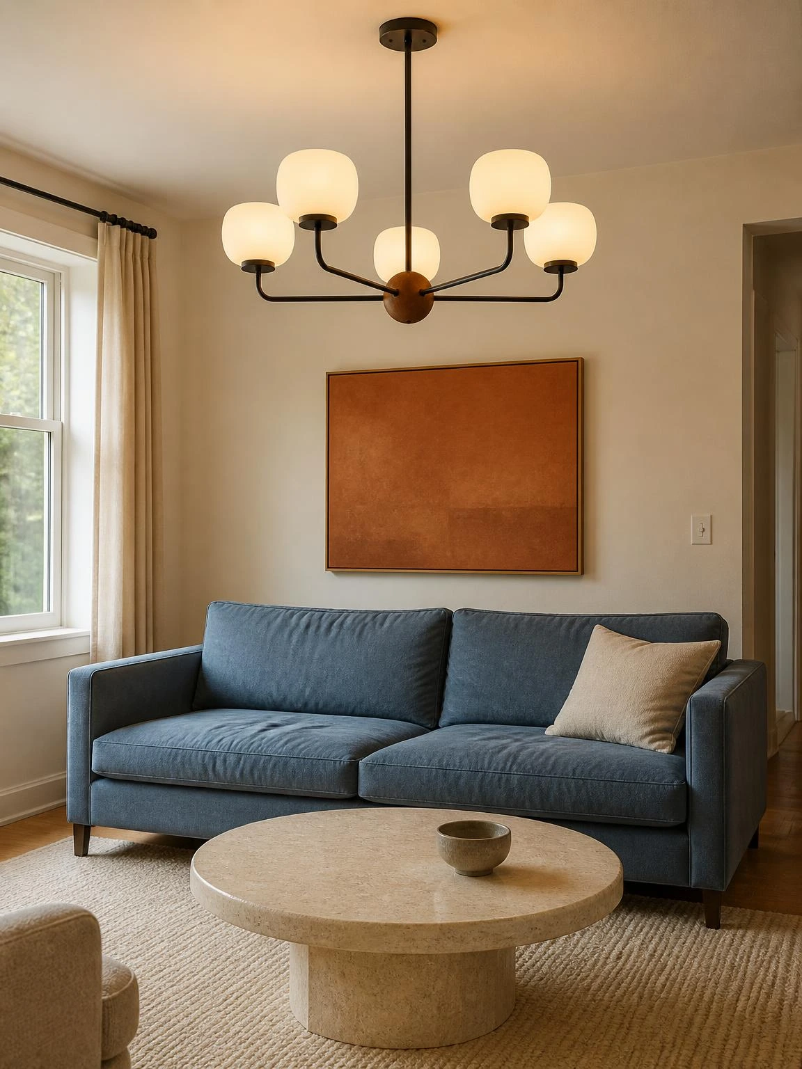 Wood-and-metal living room chandelier with opal shades glowing above a dusty-blue sofa, showing a refined attainable lighting idea